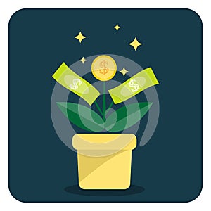 Money tree in flower pot vector icon on blue background