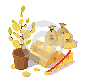 Money tree, gold bars, money bags, flat vector isometric illustration. Investment in gold concept.