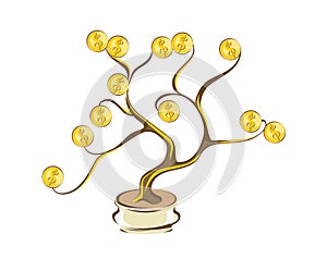 Money tree with golden coins. Gold dollars on wood branches. Cartoon style, isolated on white illustration