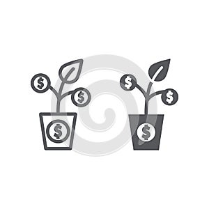 Money tree line and glyph icon, currency and growth, finance plant sign, vector graphics, a linear pattern on a white
