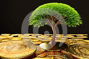 A Money Tree made of golden coins, a representation of investing, wealth growth and business success