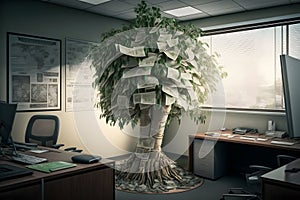 money tree in the office. Saving money and loan for business investment concept. Neural network AI generated