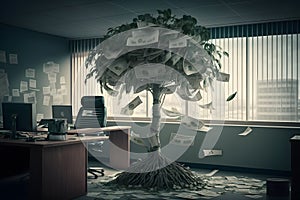 money tree in the office. Saving money and loan for business investment concept. Neural network AI generated