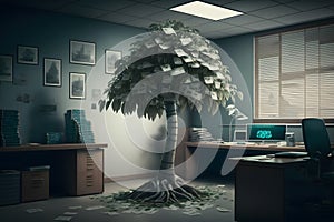 money tree in the office. Saving money and loan for business investment concept. Neural network AI generated