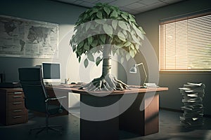 money tree in the office. Saving money and loan for business investment concept. Neural network AI generated