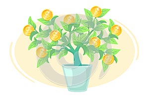 Money tree in pot Banking investment concept. Increase profit illustration. Earnings, growing business success vector