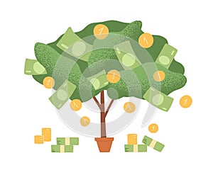 Money tree in pot with cash on branches. Plant with falling coins and banknotes. Concept of abundance, prosperity and