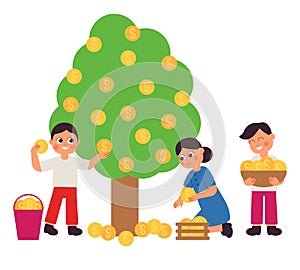 Money tree profit. Business concept, people financial prosperity. Man woman planting and harvest golden coins, person