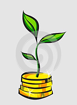 Money tree sprout grows from coins stack, pop art vector illustration