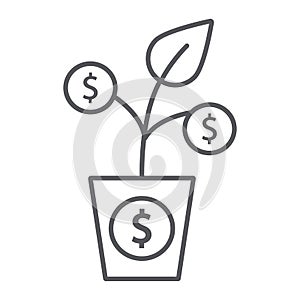 Money tree thin line icon, currency and growth, finance plant sign, vector graphics, a linear pattern on a white