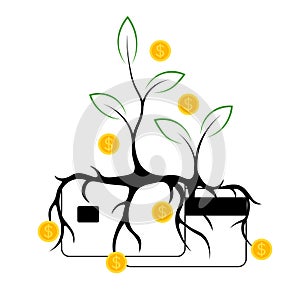 Money trees grow from plastic cards. Concept of economy with credit card. Outline image on white background