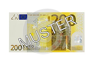 Money - Two hundred (200) Euro bill front with German lettering Muster (specimen)