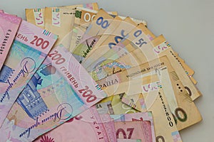Money of Ukraine. Background of Ukrainian hryvnia banknotes. Hryvnia 500, 200. Uah. Money and saving concept