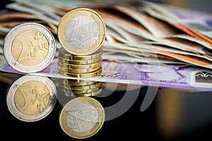 Money of United Kingdom close up on black background. Pounds UK 10 and 20 note euro European money