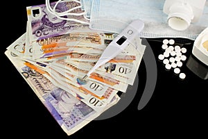 Money of United Kingdom close up on black background. Pounds UK 10 and 20 note thermometer and medicine tablets