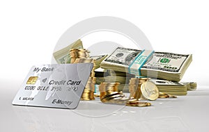 Money. 100 USD banknotes wads, gold dollar coins and credit card photo