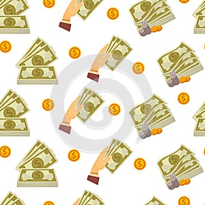 Money USD cash, American dollar banknotes and coins seamless pattern isolated on white background vector.
