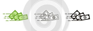 Money vector icon. Bank note Dollar bill flying from sender to receiver. Design illustration for money, wealth, investment and photo