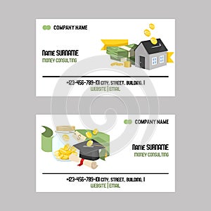 Money vector piggy bank business card pig box financial bank or money-box with investment savings and coins set of