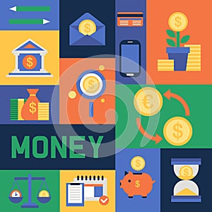 Money vector piggy bank pig box financial bank or money-box with investment savings and coins icons set backdrop