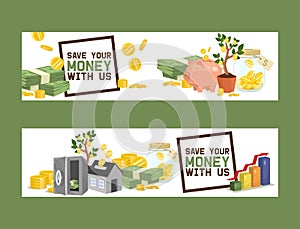 Money vector piggy bank pig box financial bank or money-box with investment savings and coins set of backdrop