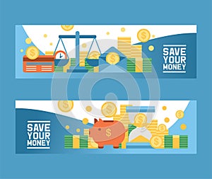 Money vector piggy bank pig box financial bank or money-box with investment savings and coins set of backdrop