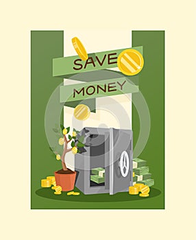 Money vector piggy bank pig box financial bank or money-box safe with investment savings and coins backdrop illustration
