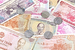 Money from Vietnam, various banknotes and coins