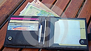 Opened black leather wallet with credit cards and money.