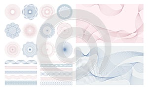 Money watermark. Geometric round, spiral and abstract secure guilloches for passport or cheque. Spirograph patterns and