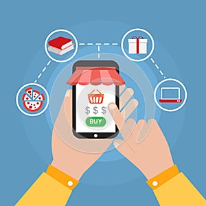 Hand holding smartphone with online shopping icon vector design