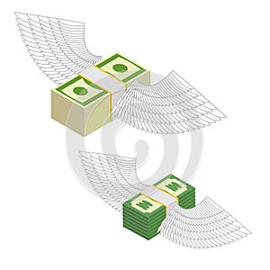 Money with wings. Bundles of money flying around. Vector illustr