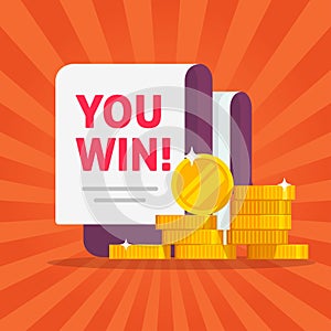 Money winner banner with you win text message vector illustration flat cartoon, concept or success prize or cash gift