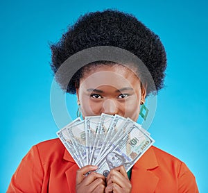 Money, winner and woman cover face on blue, studio background for winning, cash fan or financial loan. Lottery, bank and