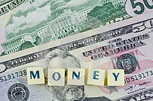 Money word on dollar background. Finance concept