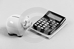 Moneybox with calculator. Piggy bank. planning counting budget. Commerece business. bookkeeping. financial report. money