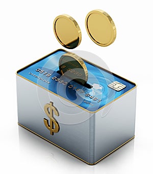 Moneybox with credit card and gold coins. 3D illustration