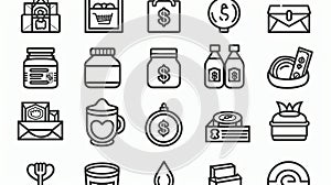 Moneybox with Falling Coin Icon Set. Jar for Collect Money Pictogram. Bottle for Save Cash Icon. Editable Stroke