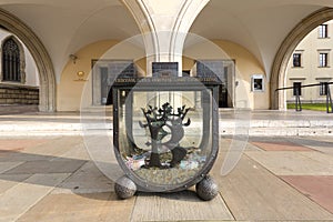 Moneybox to raise money for the restoration of Krakow`s monuments of Krakow on 13th century Wawel Royal Castle, Krakow, Poland