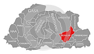 Mongar red highlighted in map of Bhutan