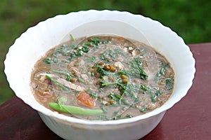 Mongo green beans soup with bittergourd leafy vegetable