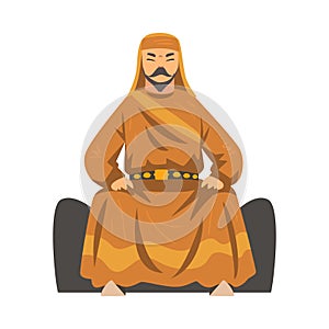 Mongol Khan, Central Asian Nomad Man Character in Traditional Clothing Vector Illustration
