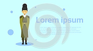 Mongol Man Wearing Traditional Costume Over Template Background With Copy Space