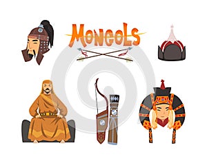 Mongol Nomad Characters in Traditional Clothing with Quiver with Bow and Headdress Vector Set
