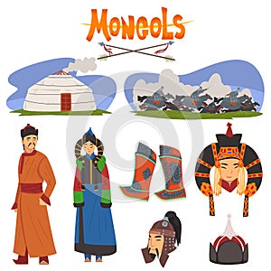 Mongol People in Traditional Clothing Collection, Central Asian Characters, Dwelling, Nomad, Asian Warriors Vector