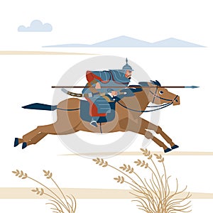 Mongol rider. Medieval battle historical illustration. Vector flat isolated illustration