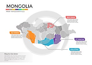 Mongolia map infographics vector template with regions and pointer marks
