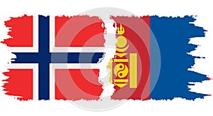 Mongolia and Norwegian grunge flags connection vector