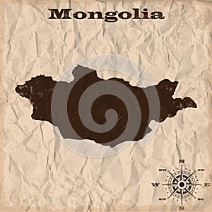 Mongolia old map with grunge and crumpled paper. Vector illustration