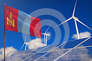 Mongolia renewable energy, wind and solar energy concept with windmills and solar panels - renewable energy - industrial
